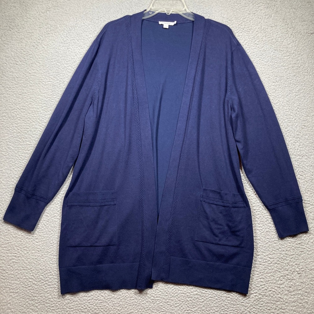 Chico's Open Front Cardigan Sweater Women XXL 4 Navy‎ Blue Ribbed Pocket Comfy